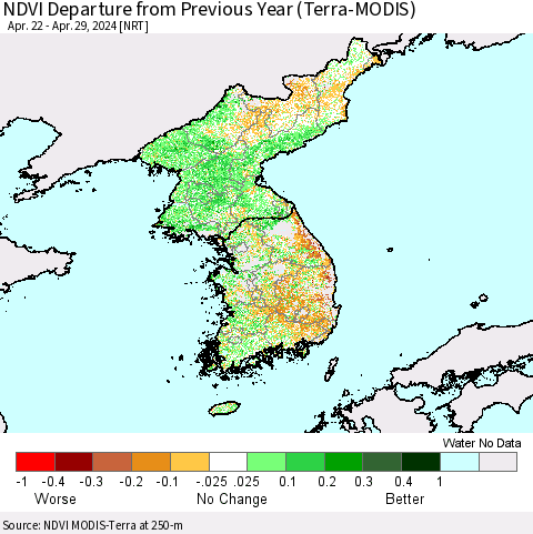 Korea NDVI Departure from Previous Year (Terra-MODIS) Thematic Map For 4/22/2024 - 4/29/2024