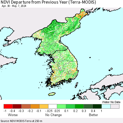 Korea NDVI Departure from Previous Year (Terra-MODIS) Thematic Map For 4/30/2024 - 5/7/2024