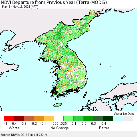 Korea NDVI Departure from Previous Year (Terra-MODIS) Thematic Map For 5/8/2024 - 5/15/2024