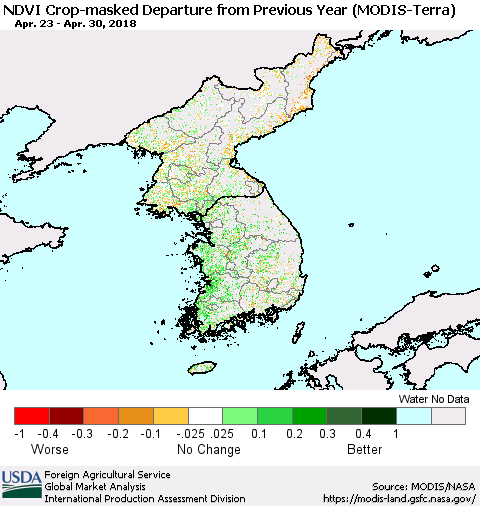 Korea Cropland NDVI Departure from Previous Year (Terra-MODIS) Thematic Map For 4/21/2018 - 4/30/2018