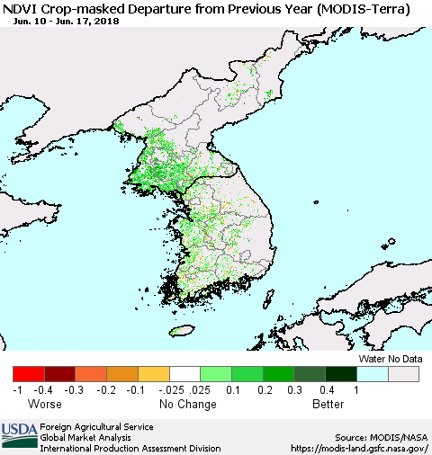 Korea Cropland NDVI Departure from Previous Year (Terra-MODIS) Thematic Map For 6/11/2018 - 6/20/2018