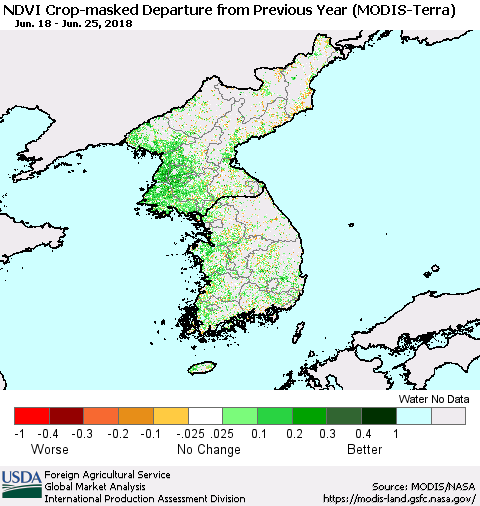 Korea Cropland NDVI Departure from Previous Year (Terra-MODIS) Thematic Map For 6/21/2018 - 6/30/2018