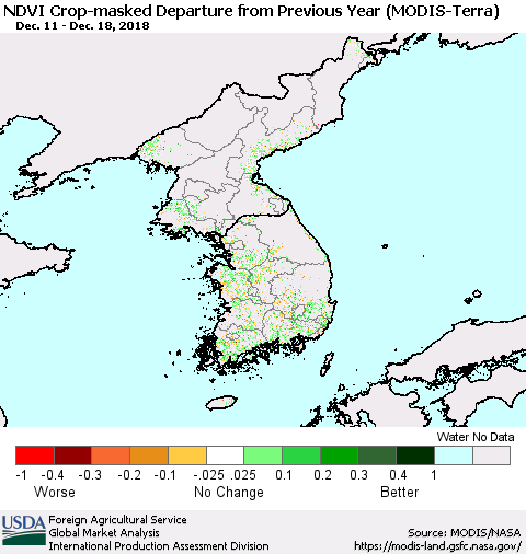 Korea Cropland NDVI Departure from Previous Year (Terra-MODIS) Thematic Map For 12/11/2018 - 12/20/2018