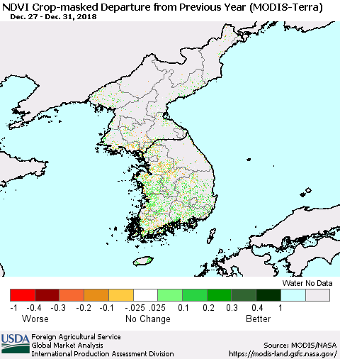 Korea Cropland NDVI Departure from Previous Year (Terra-MODIS) Thematic Map For 12/21/2018 - 12/31/2018