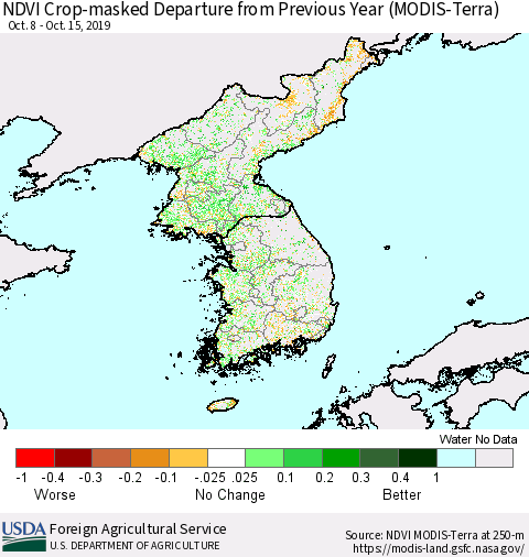 Korea Cropland NDVI Departure from Previous Year (Terra-MODIS) Thematic Map For 10/11/2019 - 10/20/2019