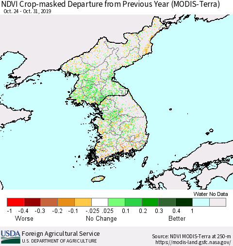 Korea Cropland NDVI Departure from Previous Year (Terra-MODIS) Thematic Map For 10/21/2019 - 10/31/2019