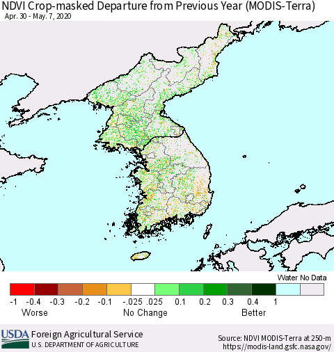 Korea Cropland NDVI Departure from Previous Year (Terra-MODIS) Thematic Map For 5/1/2020 - 5/10/2020