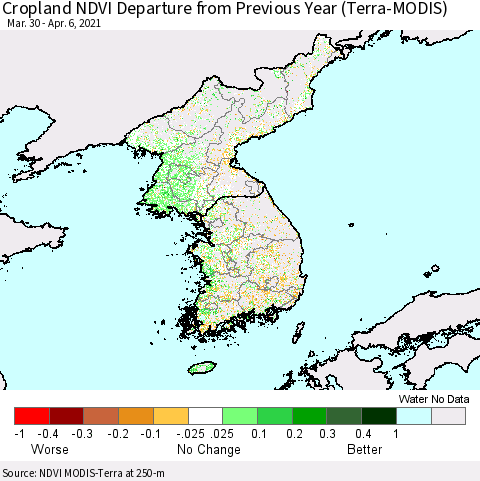Korea Cropland NDVI Departure from Previous Year (Terra-MODIS) Thematic Map For 3/30/2021 - 4/6/2021