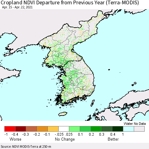 Korea Cropland NDVI Departure from Previous Year (Terra-MODIS) Thematic Map For 4/15/2021 - 4/22/2021