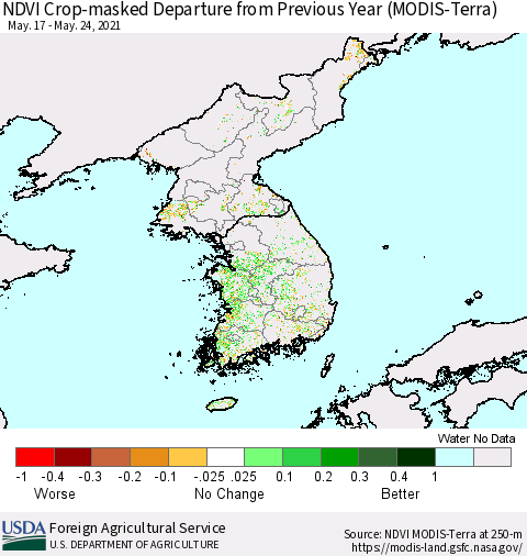 Korea Cropland NDVI Departure from Previous Year (Terra-MODIS) Thematic Map For 5/21/2021 - 5/31/2021