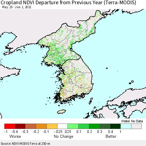 Korea Cropland NDVI Departure from Previous Year (Terra-MODIS) Thematic Map For 5/25/2021 - 6/1/2021