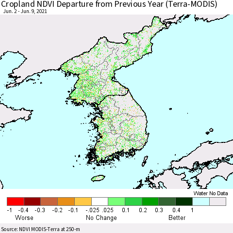 Korea Cropland NDVI Departure from Previous Year (Terra-MODIS) Thematic Map For 6/2/2021 - 6/9/2021