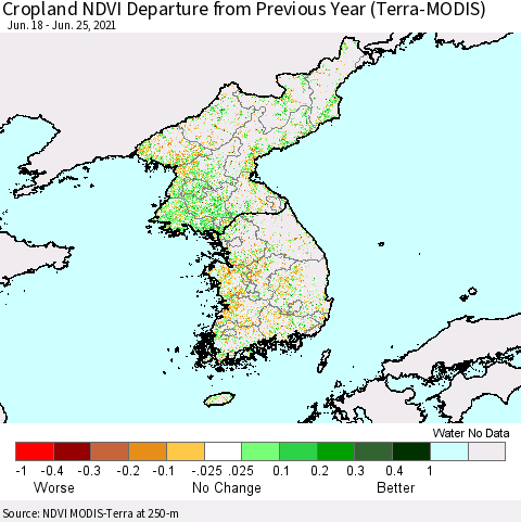 Korea Cropland NDVI Departure from Previous Year (Terra-MODIS) Thematic Map For 6/18/2021 - 6/25/2021