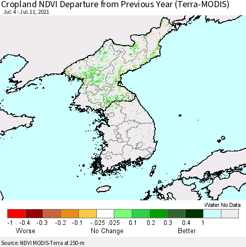 Korea Cropland NDVI Departure from Previous Year (Terra-MODIS) Thematic Map For 7/4/2021 - 7/11/2021