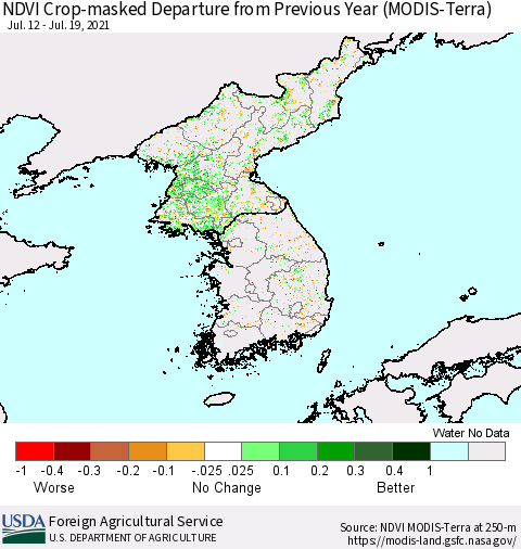 Korea Cropland NDVI Departure from Previous Year (Terra-MODIS) Thematic Map For 7/11/2021 - 7/20/2021