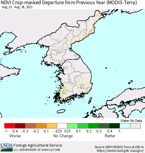 Korea Cropland NDVI Departure from Previous Year (Terra-MODIS) Thematic Map For 8/21/2021 - 8/31/2021