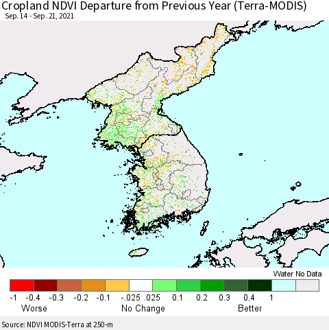 Korea Cropland NDVI Departure from Previous Year (Terra-MODIS) Thematic Map For 9/14/2021 - 9/21/2021
