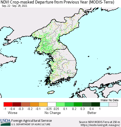 Korea Cropland NDVI Departure from Previous Year (Terra-MODIS) Thematic Map For 9/21/2021 - 9/30/2021