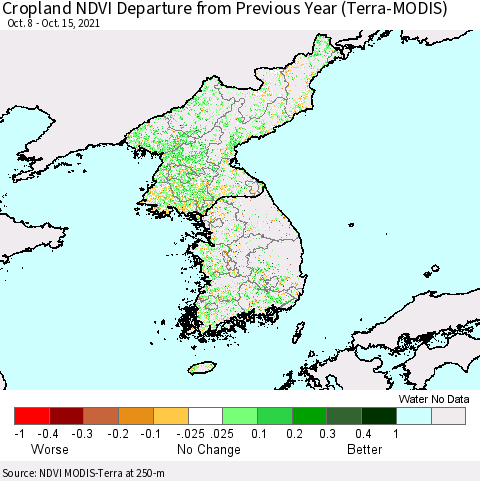 Korea Cropland NDVI Departure from Previous Year (Terra-MODIS) Thematic Map For 10/8/2021 - 10/15/2021
