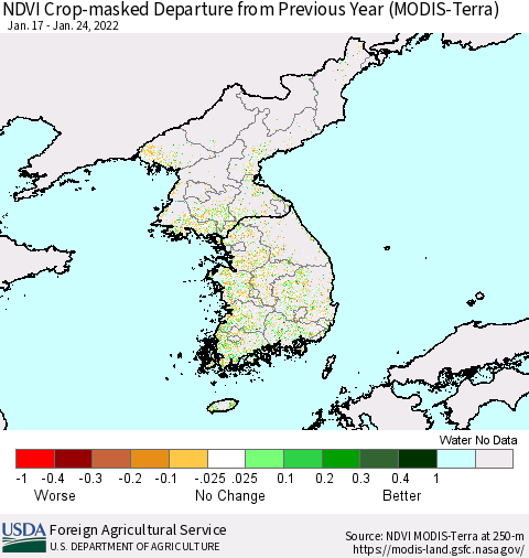 Korea Cropland NDVI Departure from Previous Year (Terra-MODIS) Thematic Map For 1/21/2022 - 1/31/2022