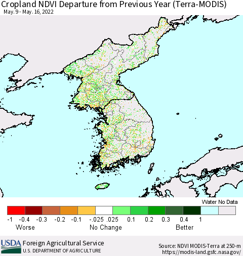 Korea Cropland NDVI Departure from Previous Year (Terra-MODIS) Thematic Map For 5/11/2022 - 5/20/2022