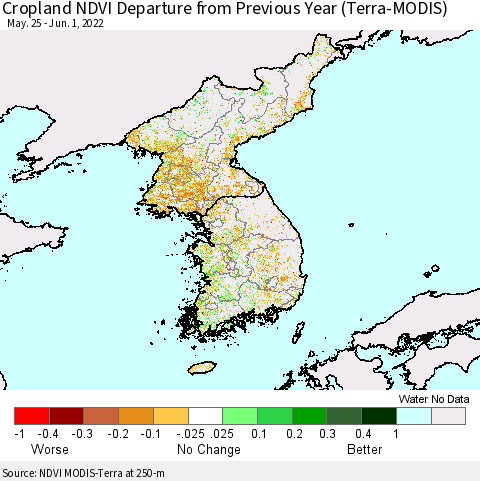 Korea Cropland NDVI Departure from Previous Year (Terra-MODIS) Thematic Map For 5/25/2022 - 6/1/2022