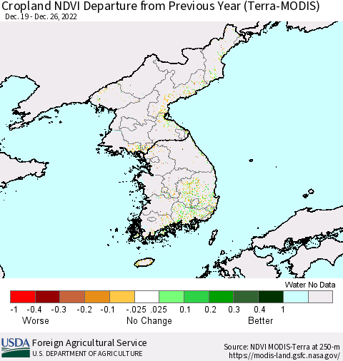 Korea Cropland NDVI Departure from Previous Year (Terra-MODIS) Thematic Map For 12/21/2022 - 12/31/2022