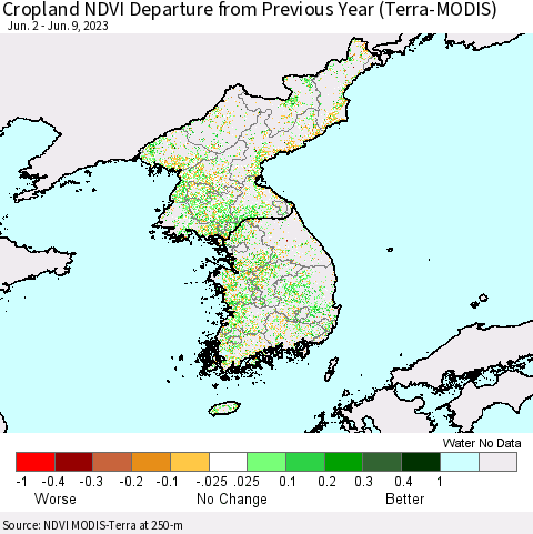 Korea Cropland NDVI Departure from Previous Year (Terra-MODIS) Thematic Map For 6/2/2023 - 6/9/2023