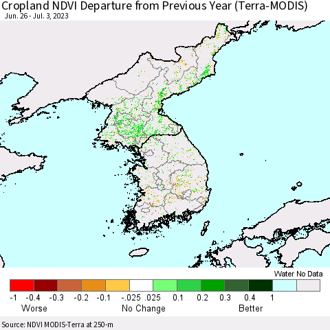 Korea Cropland NDVI Departure from Previous Year (Terra-MODIS) Thematic Map For 6/26/2023 - 7/3/2023