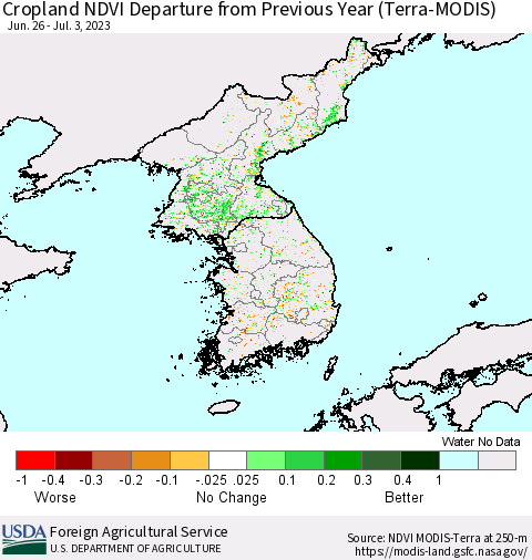 Korea Cropland NDVI Departure from Previous Year (Terra-MODIS) Thematic Map For 7/1/2023 - 7/10/2023