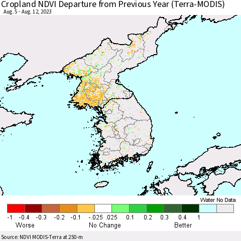 Korea Cropland NDVI Departure from Previous Year (Terra-MODIS) Thematic Map For 8/5/2023 - 8/12/2023