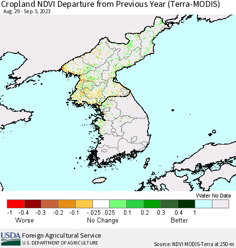 Korea Cropland NDVI Departure from Previous Year (Terra-MODIS) Thematic Map For 9/1/2023 - 9/10/2023