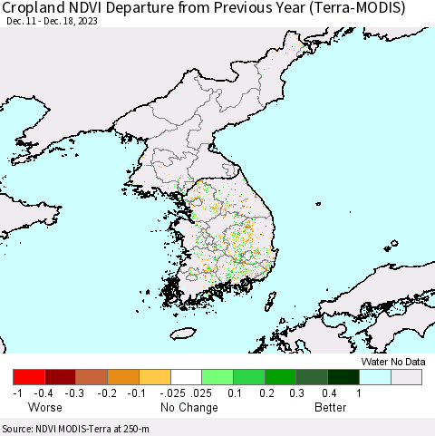 Korea Cropland NDVI Departure from Previous Year (Terra-MODIS) Thematic Map For 12/11/2023 - 12/18/2023