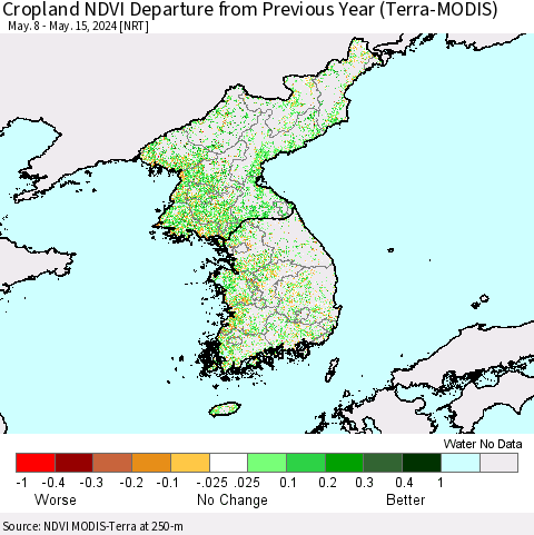 Korea Cropland NDVI Departure from Previous Year (Terra-MODIS) Thematic Map For 5/8/2024 - 5/15/2024