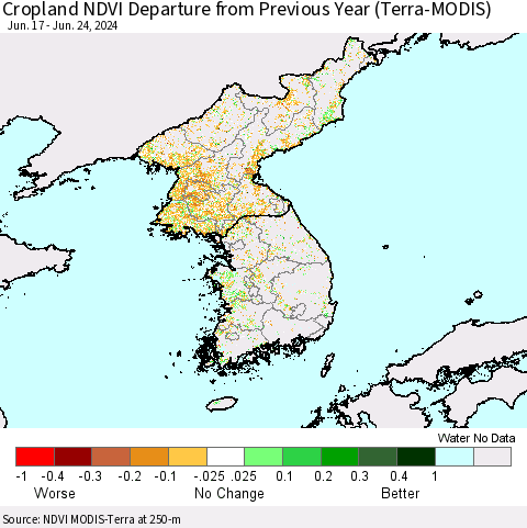 Korea Cropland NDVI Departure from Previous Year (Terra-MODIS) Thematic Map For 6/17/2024 - 6/24/2024