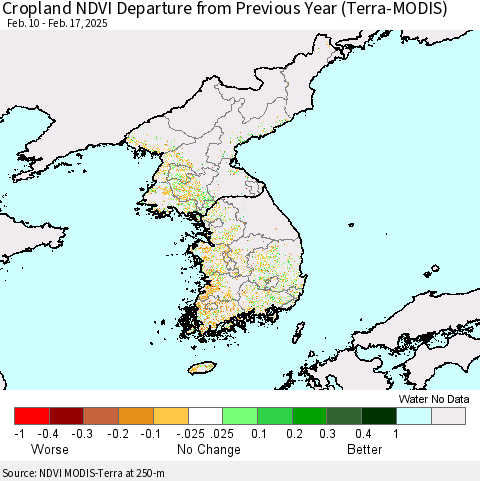 Korea Cropland NDVI Departure from Previous Year (Terra-MODIS) Thematic Map For 2/10/2025 - 2/17/2025