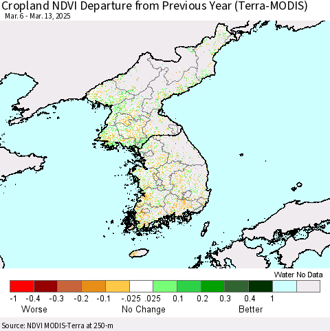 Korea Cropland NDVI Departure from Previous Year (Terra-MODIS) Thematic Map For 3/6/2025 - 3/13/2025