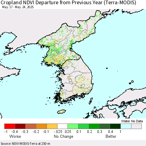 Korea Cropland NDVI Departure from Previous Year (Terra-MODIS) Thematic Map For 5/17/2025 - 5/24/2025