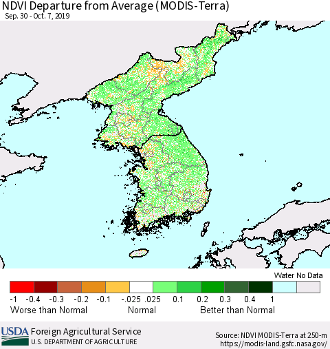 Korea NDVI Departure from Average (Terra-MODIS) Thematic Map For 10/1/2019 - 10/10/2019