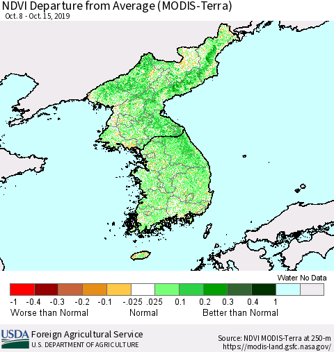 Korea NDVI Departure from Average (Terra-MODIS) Thematic Map For 10/11/2019 - 10/20/2019