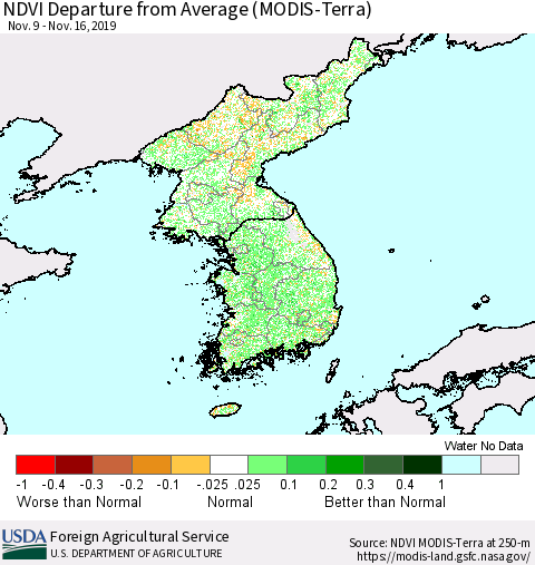 Korea NDVI Departure from Average (Terra-MODIS) Thematic Map For 11/11/2019 - 11/20/2019