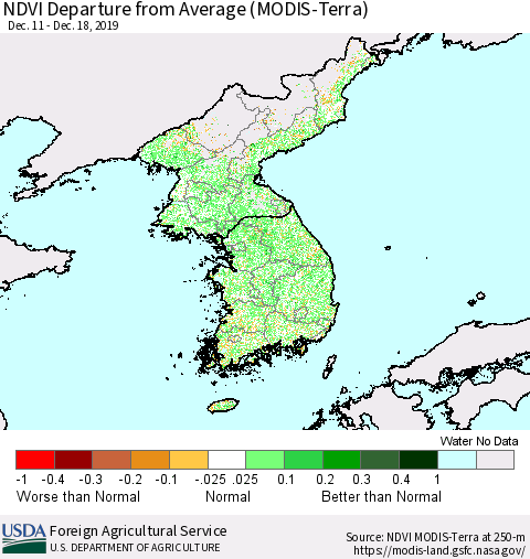 Korea NDVI Departure from Average (Terra-MODIS) Thematic Map For 12/11/2019 - 12/20/2019