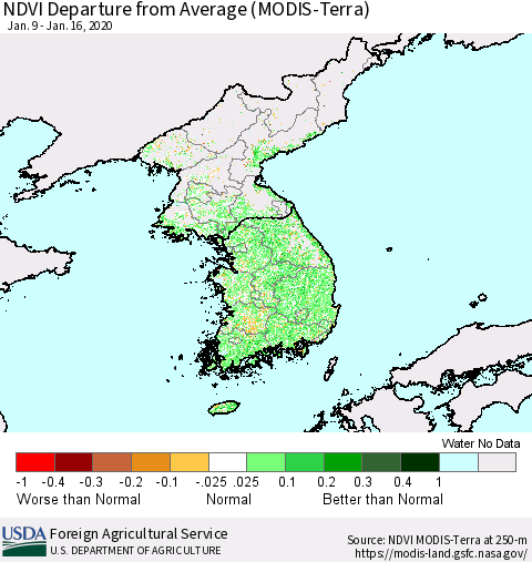 Korea NDVI Departure from Average (Terra-MODIS) Thematic Map For 1/11/2020 - 1/20/2020