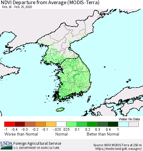 Korea NDVI Departure from Average (Terra-MODIS) Thematic Map For 2/21/2020 - 2/29/2020