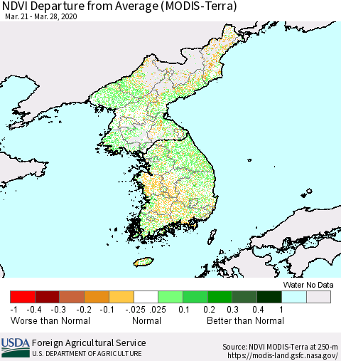 Korea NDVI Departure from Average (Terra-MODIS) Thematic Map For 3/21/2020 - 3/31/2020