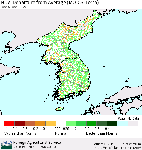 Korea NDVI Departure from Average (Terra-MODIS) Thematic Map For 4/11/2020 - 4/20/2020