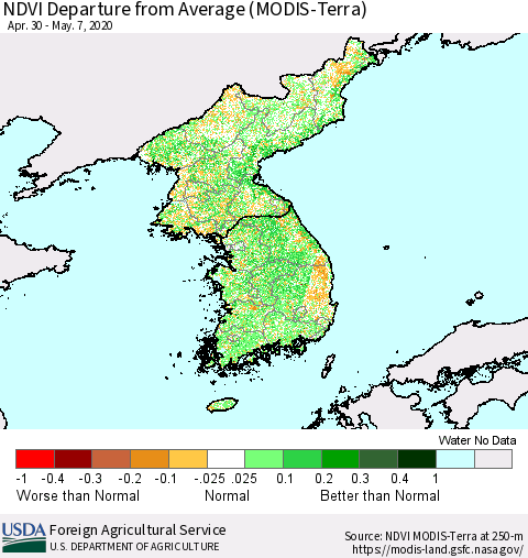Korea NDVI Departure from Average (Terra-MODIS) Thematic Map For 5/1/2020 - 5/10/2020