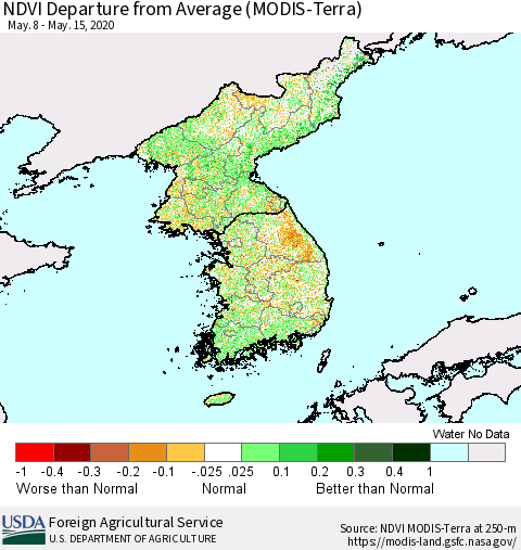 Korea NDVI Departure from Average (Terra-MODIS) Thematic Map For 5/11/2020 - 5/20/2020