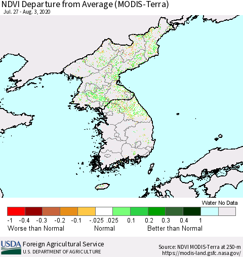 Korea NDVI Departure from Average (Terra-MODIS) Thematic Map For 8/1/2020 - 8/10/2020