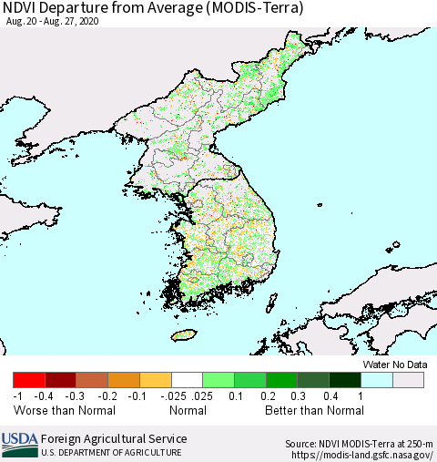 Korea NDVI Departure from Average (Terra-MODIS) Thematic Map For 8/21/2020 - 8/31/2020